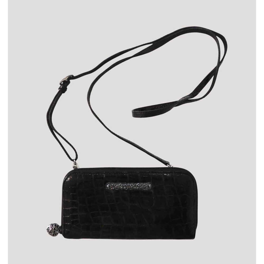 Brighton Cher Zip Wallet Brown Croc Emboss Patent Leather Adj. Removable Strap